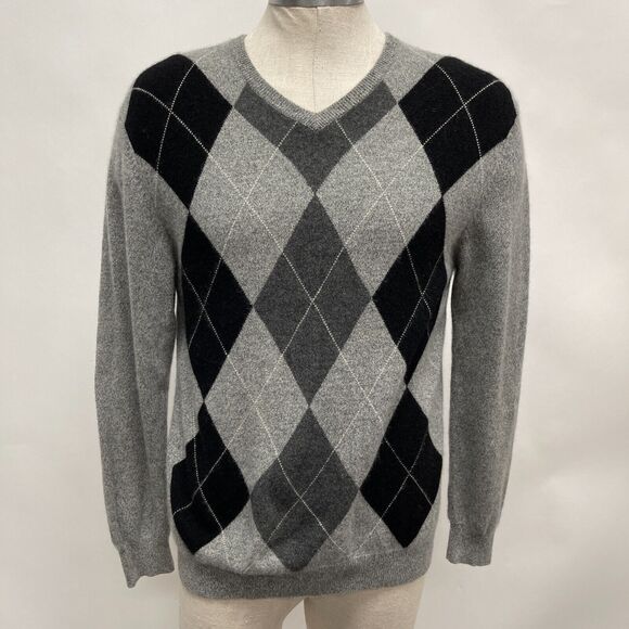 Northern Isles Sweater Medium Gray Argyle Diamond 100% 2 Ply Cashmere V-Neck